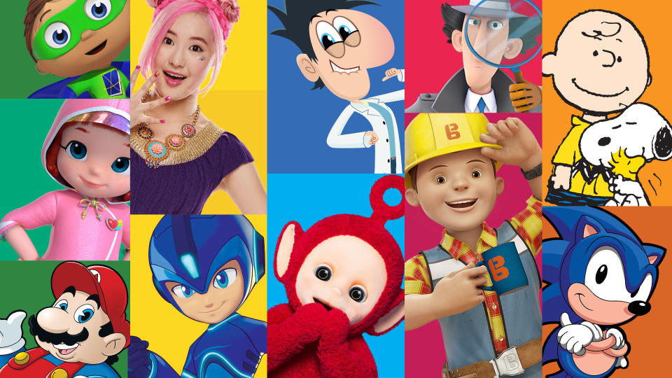 A collage of DHX Media's most popular titles, ranging from Teletubbies and Peanuts to Megaman and Mario.