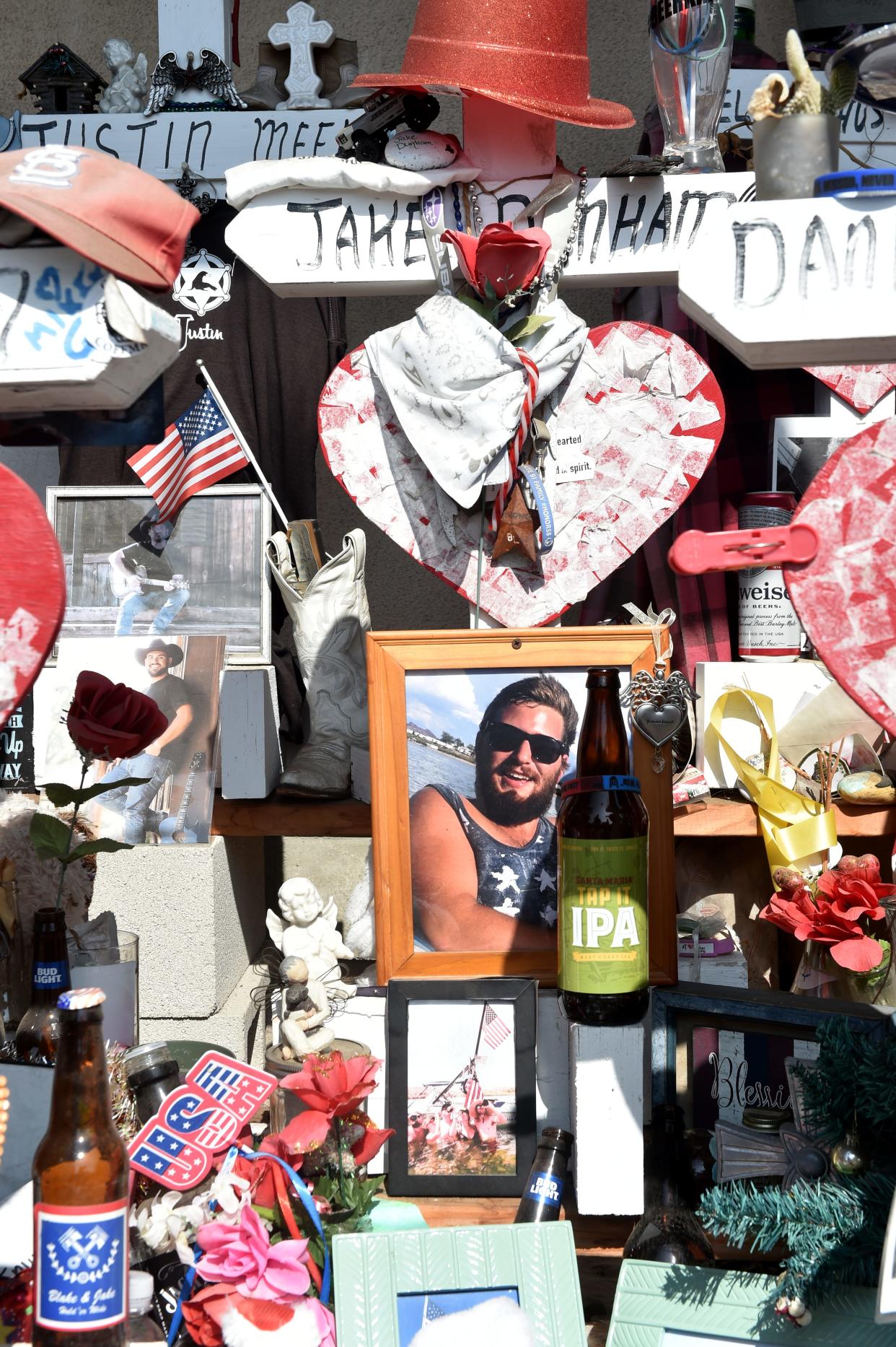 A memorial outside the Borderline Bar & Grill shooting shown in 2020 in Thousand Oaks shows victim Jake Dunham, and 11 others who were killed in a mass shooting on Nov. 7, 2018.