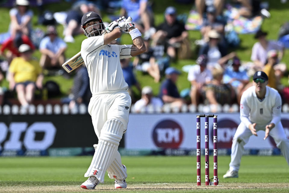 New Zealand's Daryl Mitchell bats against England on day 4 of their cricket test match in Wellington, New Zealand, Monday, Feb 27, 2023. (Andrew Cornaga/Photosport via AP)