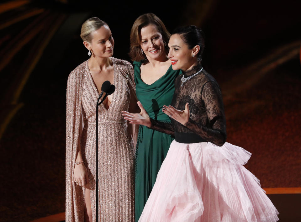 Brie Larson, Sigourney Weaver and Gal Gadot present the Best Original Score nominations performance by Eimear Noone, the first woman to conduct the orchestra at an Oscars ceremony, at the 92nd Academy Awards in Hollywood, Los Angeles, California, U.S., February 9, 2020. REUTERS/Mario Anzuoni