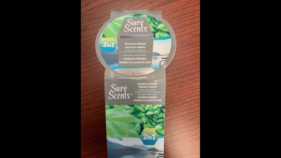 Sure Scents 2-1 Peaceful Stream/Moonlit Waves Candles sold via Dollar Tree have been recalled on Dec. 2, 2020.