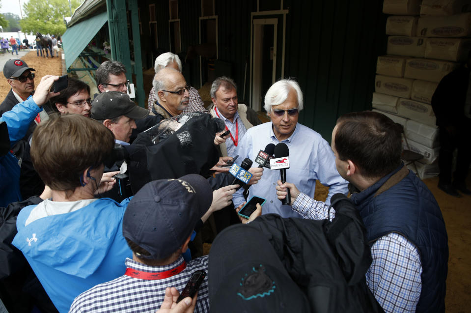 FILE - In this May 16, 2018, file photo, Bob Baffert, trainer of Kentucky Derby winner Justify, speaks with reporters at Pimlico Race Course in Baltimore ahead of the Preakness Stakes horse race. Baffert is undefeated taking the Kentucky Derby winner to the Preakness, but for the first time in 20 years he’ll do so without assistant trainer Jimmy Barnes, who broke his right wrist in a paddock accident at Churchill Downs. (AP Photo/Patrick Semansky, File)