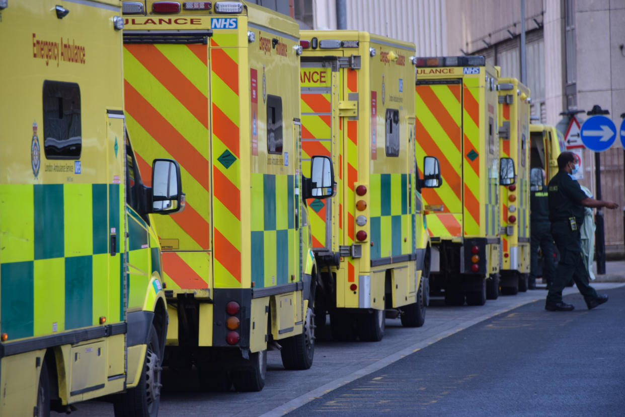  Ambulances in a queue outside the Royal London Hospital.
The UK remains under the lockdown as the government battles to keep the coronavirus pandemic under control. (Photo by Vuk Valcic / SOPA Images/Sipa USA) 