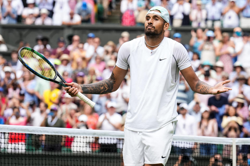 Seen here, Nick Kyrgios celebrating his fourth round win against Brandon Nakashima at Wimbledon. 