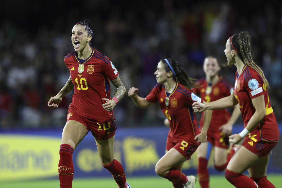 Spain's Jennyfer Hermoso, left, celebrates scoring during the Nations League women's soccer match between Italy and Spain at the Arechi stadium in Salerno, Italy, Friday, Oct. 27, 2023. (Alessandro Garofalo/LaPresse via AP)