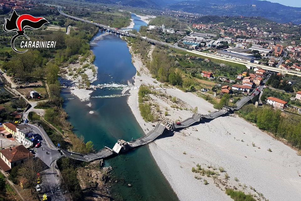 An aerial view of a collapsed bridge on the SP70 provincial roadway near Aulla, in the Italian region of Tuscany: ITALIAN CARABINIERI PRESS OFFICE