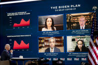 Democratic presidential candidate former Vice President Joe Biden attends a virtual public health briefing at The Queen theater in Wilmington, Del., Wednesday, Oct. 28, 2020. (AP Photo/Andrew Harnik)