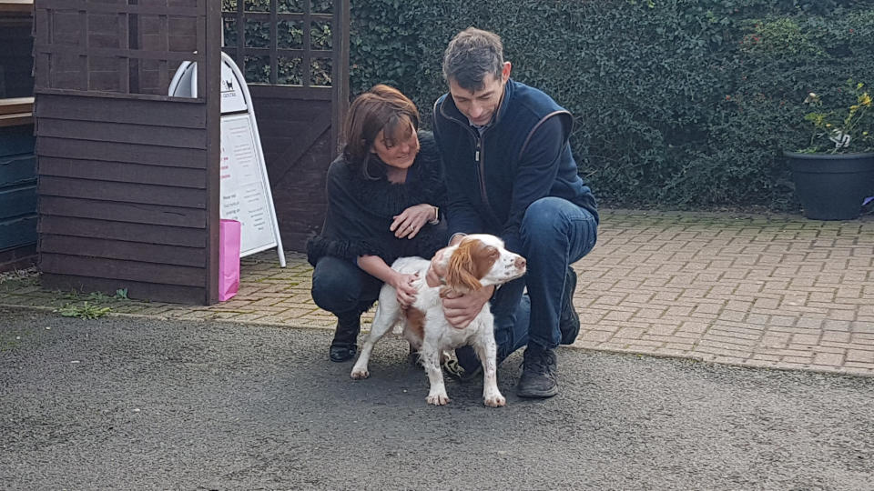 The couple had their dog stolen in May 2014 and have been distraught ever since. They had both given up hope of ever seeing Bonnie again, but then she was found in a park on Thursday. (SWNS)