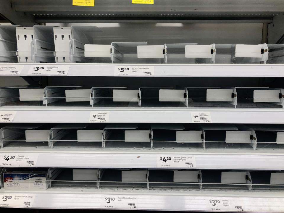 Shelves where disinfectant wipes ,toilet tissues, bottled water, flu medicines are usually displayed are nearly empty at a  local store on March 03, 2020 in Rhodes area ,Sydney, Australia. As fear of the Coronavirus are spreading, people are buying above products in abundance. (Photo by Izhar Khan/NurPhoto via Getty Images)