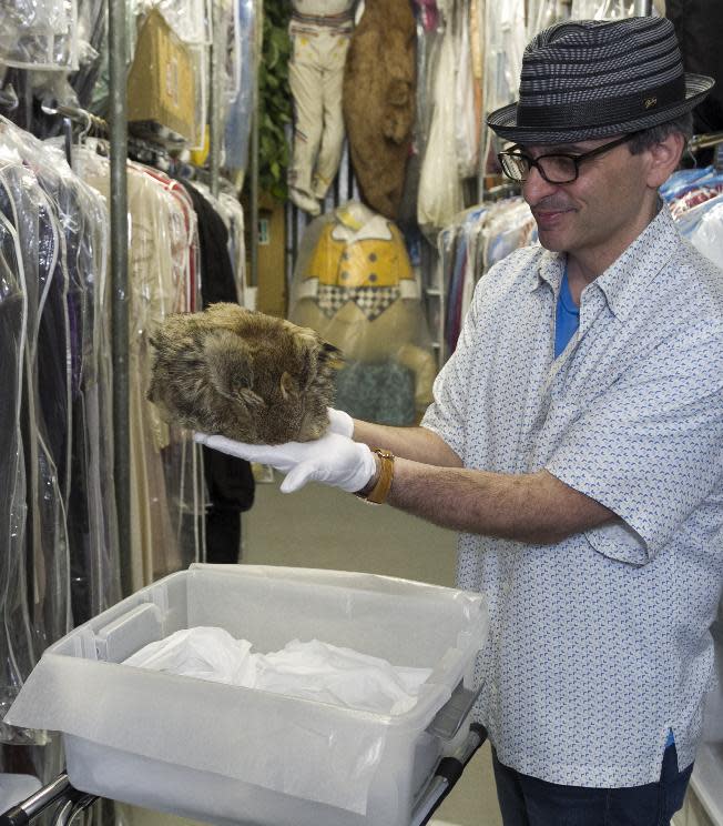 In this Friday, Nov. 30, 2012 photo, James Comisar shows Fess Parker's "Daniel Boone" coonskin hat worn in the late 1960s television show. The item is part of his television memorabilia collection in a temperature- and humidity-controlled warehouse in Los Angeles. (AP Photo/Damian Dovarganes)