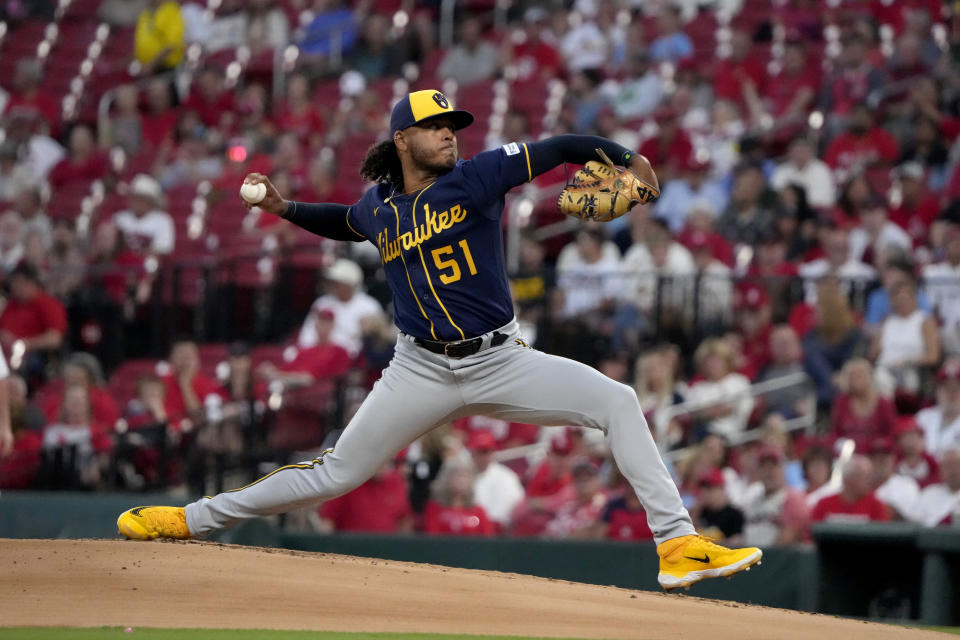 Milwaukee Brewers starting pitcher Freddy Peralta during the first inning of a baseball game against the St. Louis Cardinals Monday, Sept. 18, 2023, in St. Louis. (AP Photo/Jeff Roberson)
