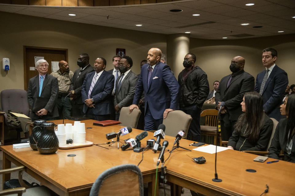 The former Memphis police officers accused of murder in the death of Tyre Nichols appear with their attorneys at an indictment hearing at the Shelby County Criminal Justice Center Friday, Feb. 17, 2023, in Memphis, Tenn. The former police officers pleaded not guilty to second-degree murder and other charges in the violent arrest and death of Nichols, (AP Photo/Brandon Dill)