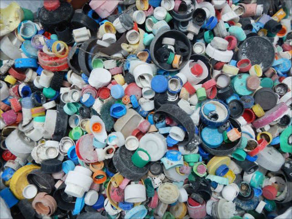 Some of the 4781 bottle caps collected from Midway Atoll shorelines by a 9-member team from the PIFSC Coral Reef Ecosystem Division during a cleanup mission in April 2013.