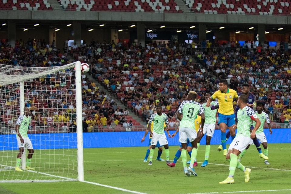 Brazil midfielder Casemiro heads against the crossbar during their international friendly against Nigeria at the National Stadium. (PHOTO: Stefanus Ian/Yahoo News Singapore)