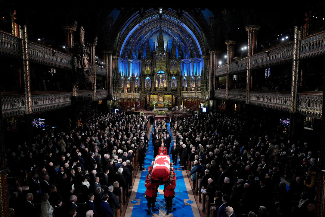 The casket of former Canadian Prime Minister Brian Mulroney is carried out at the end of his funeral, in Montreal, Quebec, Canada, March 23, 2024.  Adrian Wyld/Pool via REUTERS