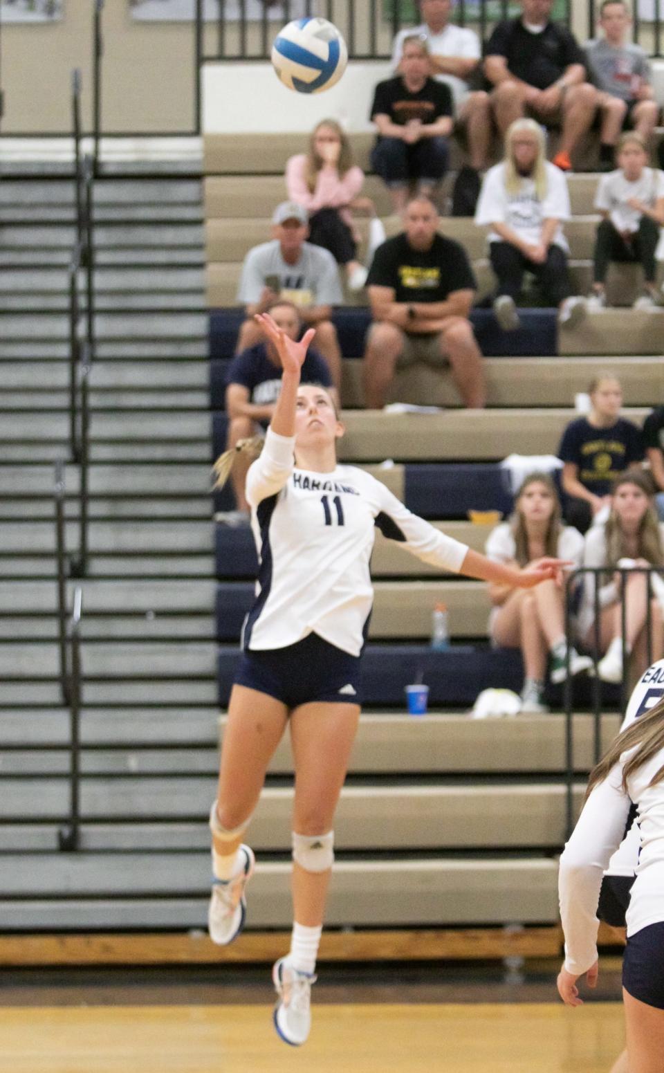 Hartland Eagle Cameron Herman goes up for the ball at a volleyball match at Hartland High School Thursday, Sept. 8, 2022.