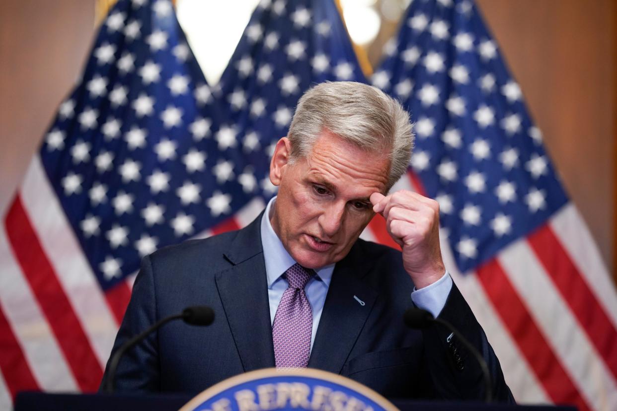 Rep. Kevin McCarthy, R-Calif., speaks to reporters hours after he was ousted as Speaker of the House Tuesday, Oct. 3, 2023, at the Capitol in Washington.