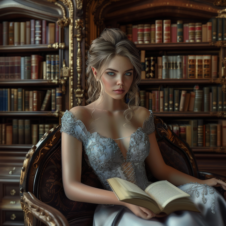 Woman in elegant dress sits with a book in a vintage library setting