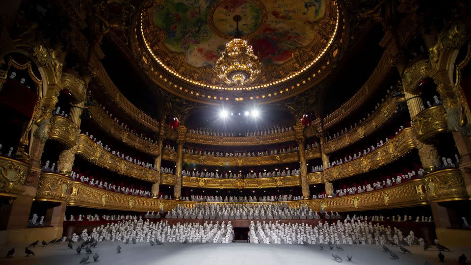 The Palais Garner was filled with a cardboard cutout audience at Thom Browne's latest show. - Stephen Jaffe