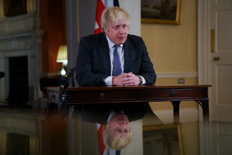 Prime Minister Boris Johnson, records an address to the nation at Downing Street, London, to provide an update on the booster vaccine programme. See PA story HEALTH Coronavirus. Photo credit should read: Kirsty O'Connor/PA Wire