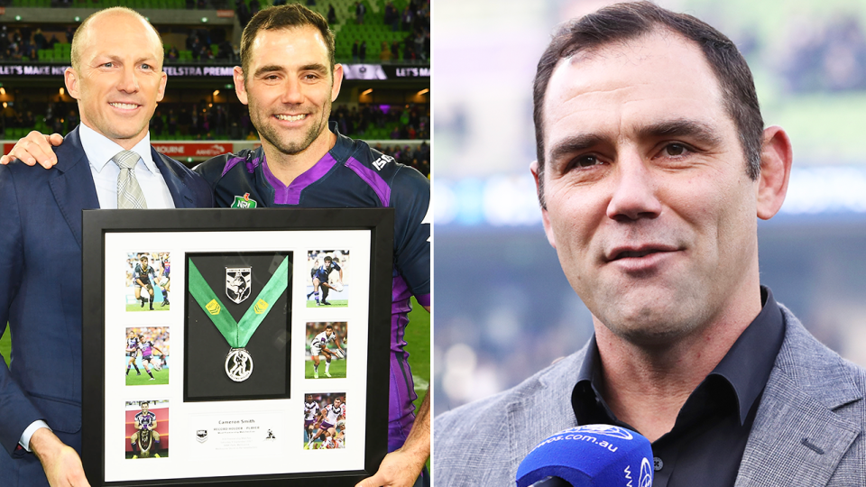 Cameron Smith poses with Darren Lockyer and Smith during a presentation.