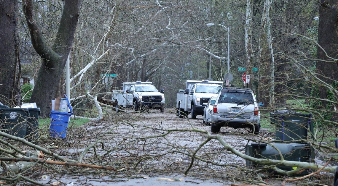 City workers arrive on the scene of Fincastle Street to survey the area after a downed tree caused damage to residential property during a severe thunderstorm in Lexington, Ky on April 2, 2024.