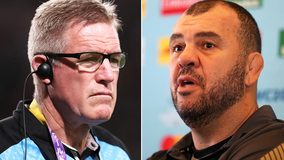 Fiji rugby coach John McKee, pictured left, has slammed Wallabies coach Michael Cheika, right, over the Reece Hodge controversy.