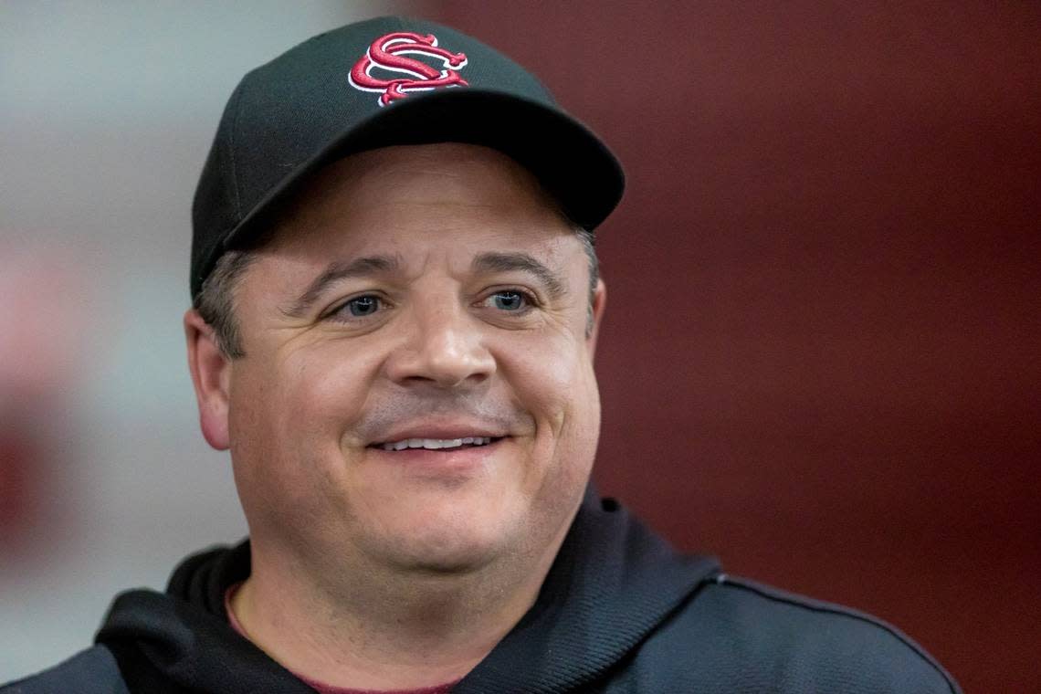 South Carolina offensive coordinator Dowell Loggains during USC’s Pro Day March 13, 2023.
