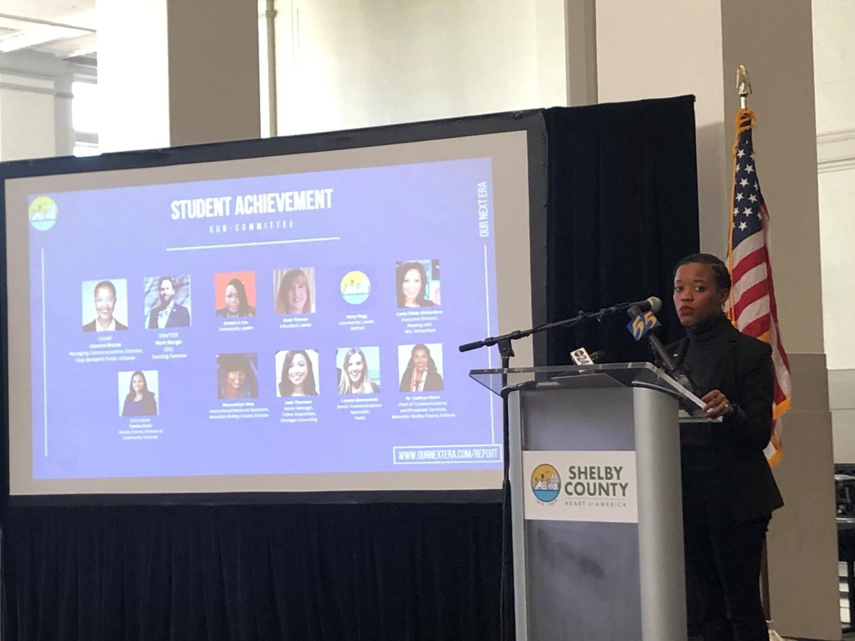 Jasmine Worles, chair of the student achievement subcommittee, presents the committee's recommendations to Shelby County Mayor Lee Harris at the Central Station Memphis Thursday, Dec. 15, 2022.