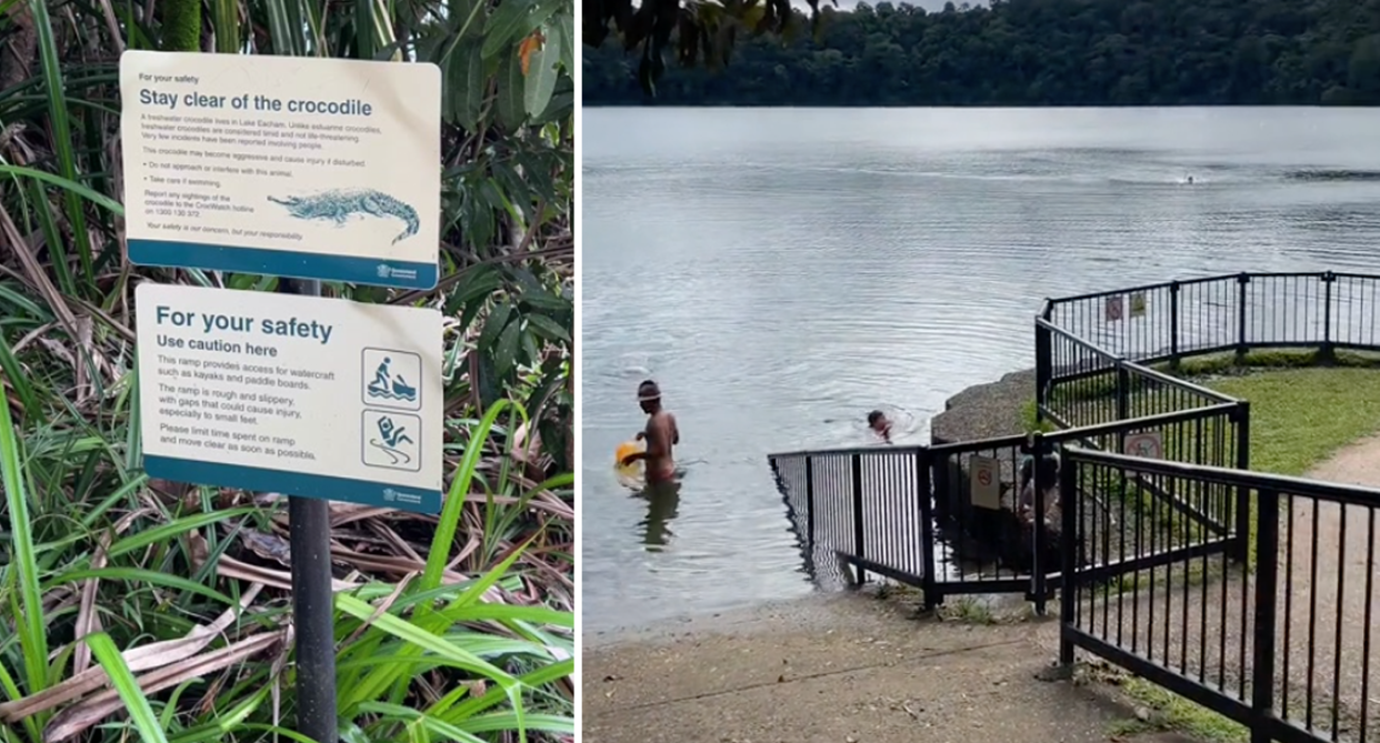 The crocodile warning sign erected by the lake (left). People can be seen swimming in Lake Eacham while another in the distance is snorkelling (right). 