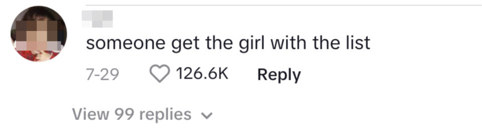 Comment reads "someone get the girl with the list"