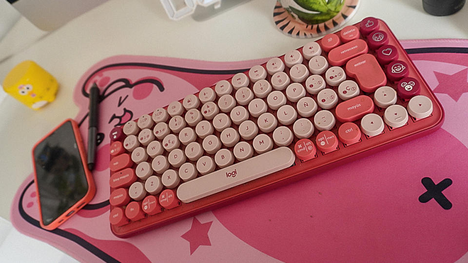 Artist studio; Karla Diaz, a bright pink computer keyboard