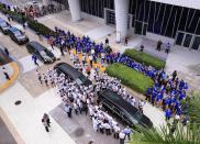 <p>Miami Marlins players and members of the Marlins organization and their fans surround the hearse carrying Miami Marlins pitcher Jose Fernandez to pay their respects on September 28, 2016 in Miami, Florida. Mr. Fernandez was killed in a weekend boat crash in Miami Beach along with two friends. (Photo by Rob Foldy/Getty Images) </p>