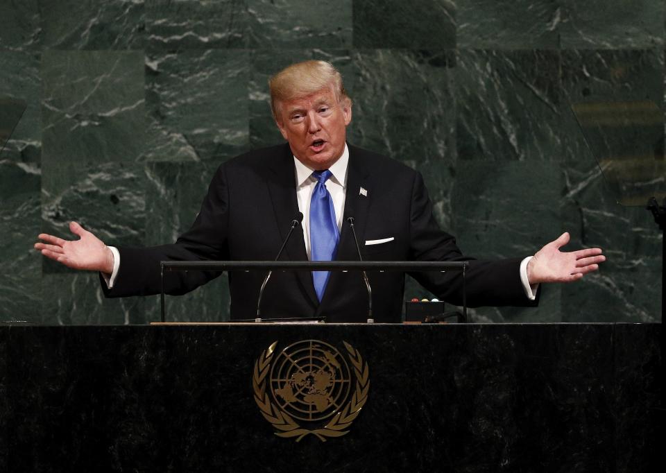 El presidente de Estados Unidos, Donald Trump, interviene durante la apertura del debate de alto nivel de la Asamblea General de la ONU, en su sede en Nueva York (Estados Unidos) hoy, 19 de septiembre de 2017. EFE/Justin Lane