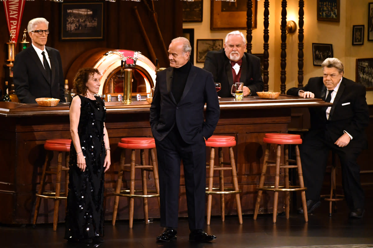 Several members of the 'Cheers' cast reunite at the 75th Annual Emmy Awards on Jan. 15, 2024.<p>Photo by VALERIE MACON/AFP via Getty Images</p>