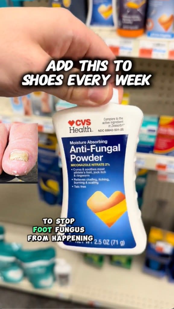Anti-fungal foot powder can absorb moisture and prevent the growth of fungus. drcharlesmd1/TikTok