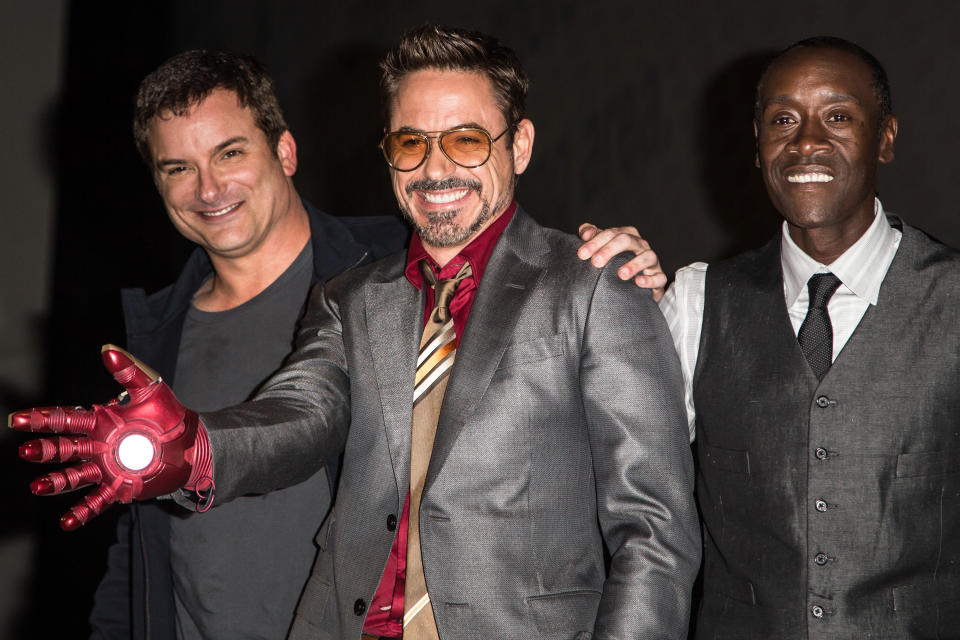 SAN DIEGO, CA - JULY 14:  Director Shane Black, actor Robert Downey, Jr. and actor Don Cheadle attend the 