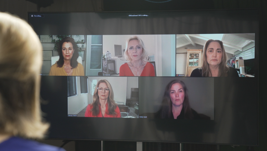 Five former fashion models - all of whom claim French fashion agent Gerald Marie raped or sexually assaulted them in the 1980s - speak on group video call with CBS News correspondent Holly Williams.  / Credit: CBS News