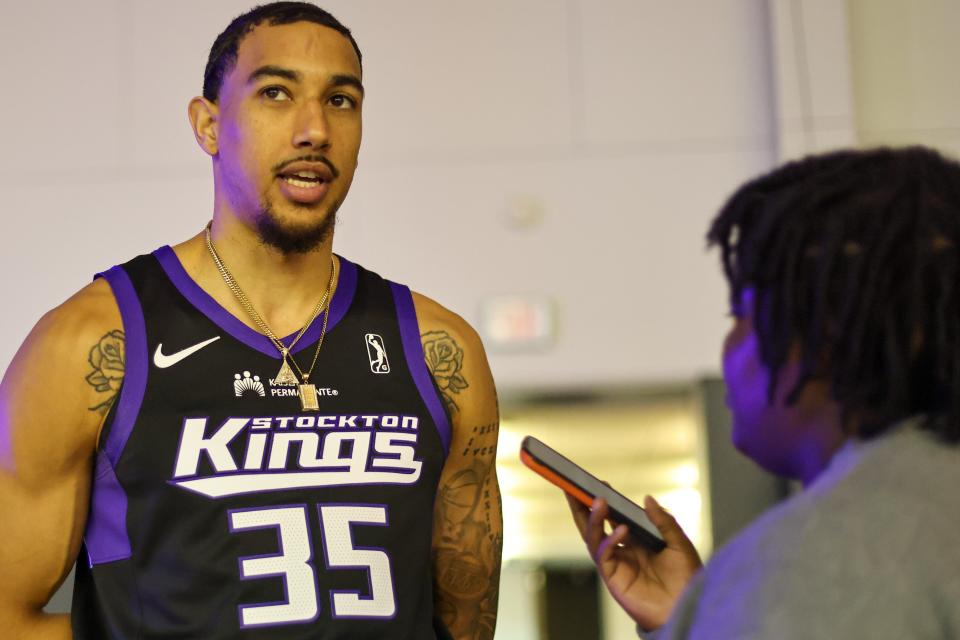 Stockton Kings G/F Christian Terrell answers a question during the Stockton Kings annual Media day at their practice facility in Sacramento, CA.