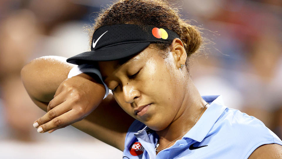 Pictured here, Naomi Osaka looks upset during her Cincinnati Masters round of 16 defeat.