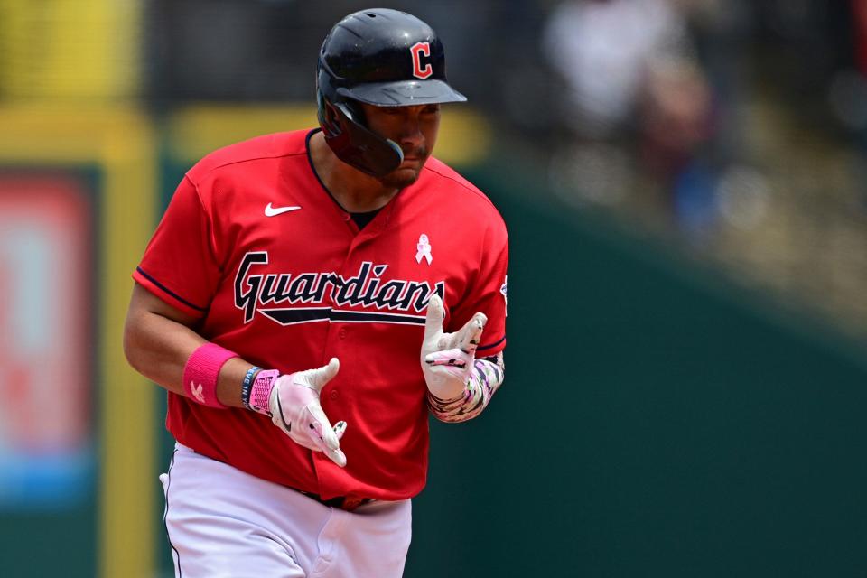 Guardians DH Josh Naylor runs the bases after hitting a three-run home run off Los Angeles Angels reliever Carlos Estevez during the eighth inning, Sunday, May 14, 2023, in Cleveland.