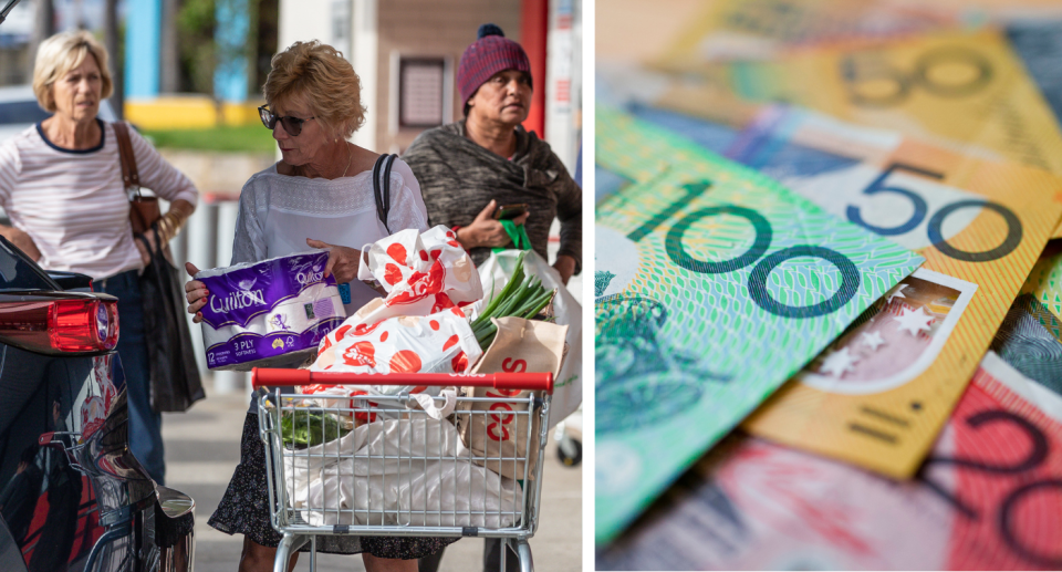 Australian people shopping at Coles for groceries. Cost of living concept. Australian money notes.