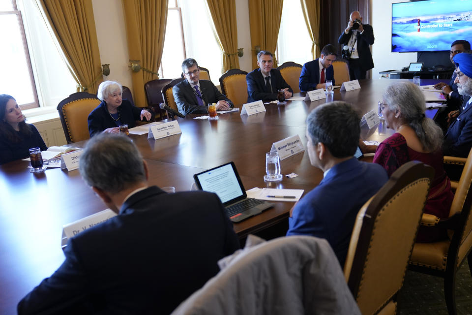 FILE - Treasury Secretary Janet Yellen speaks during her meeting with India's Finance Minister Nirmala Sitharaman at the Treasury Department in Washington, Tuesday, April 11, 2023. (AP Photo/Susan Walsh, File)