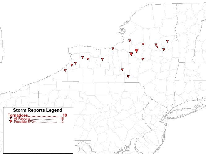 Preliminary tornado reports for New York from Jan. 1, 2024 to July 19, 2024