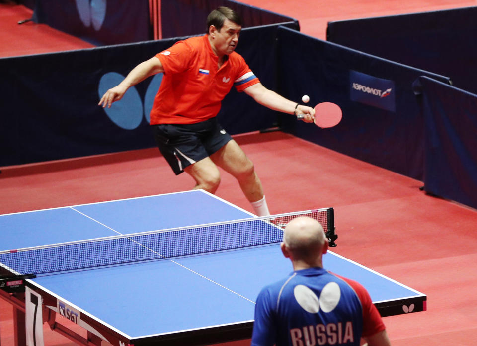 Russian presidential aide Igor Levitin takes part in a VIP tournament as part of the 2020 Russian Table Tennis Championship at the Chertanovo sports complex. (Photo by Mikhail Tereshchenko\TASS via Getty Images)