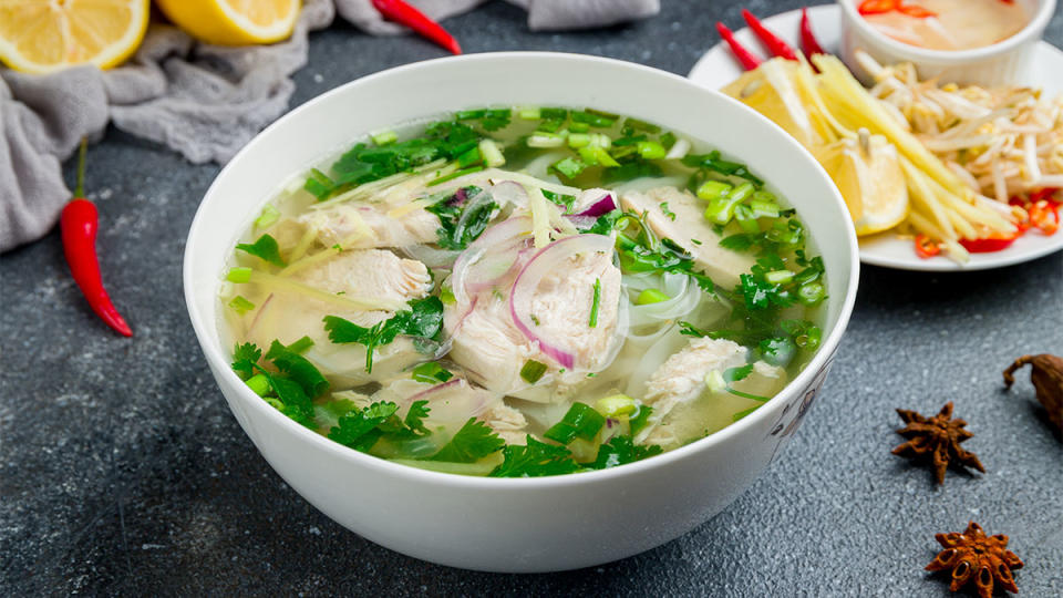 Bowl of soup with veggies and shiratiki noodles, which are rich in viscous fiber