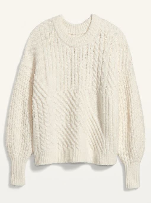 This Cozy Cable-Knit Blouson-Sleeve Sweater for Women is available in sizes XS to XXL and five colors. <a href="https://fave.co/36qMI7R" target="_blank" rel="noopener noreferrer">Get it on sale for 50% off (normally $45) at Old Navy</a>.