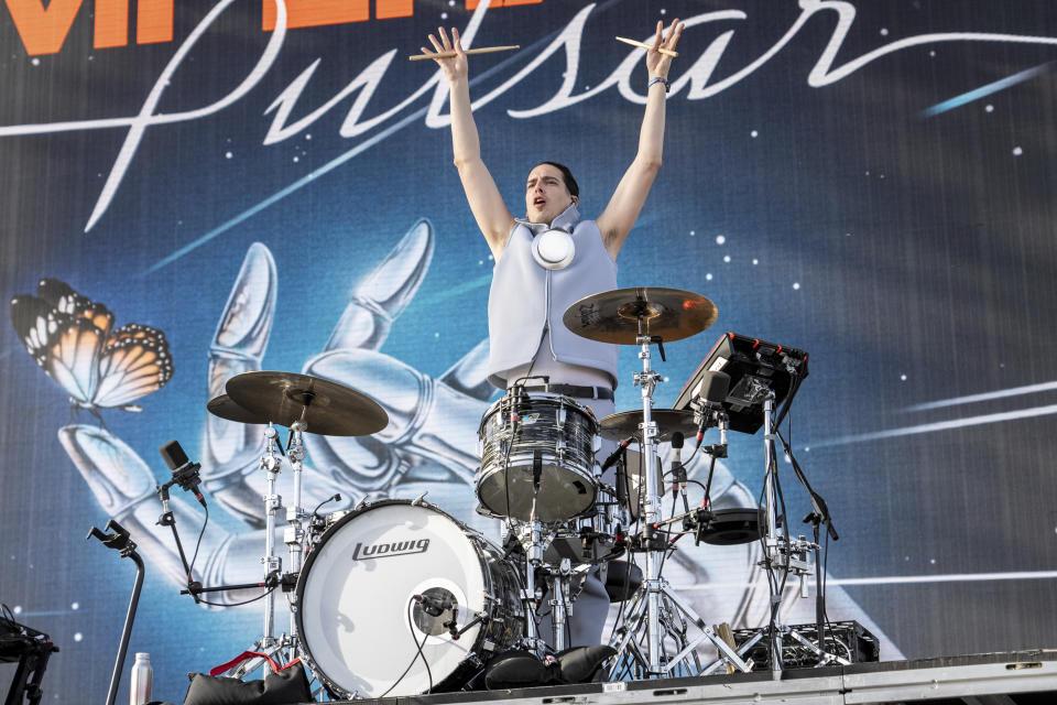 Tom Daveau of L'Imperatrice performs during the the first weekend of the Coachella Valley Music and Arts Festival at the Empire Polo Club on Friday, April 12, 2024, in Indio, Calif. (Photo by Amy Harris/Invision/AP)