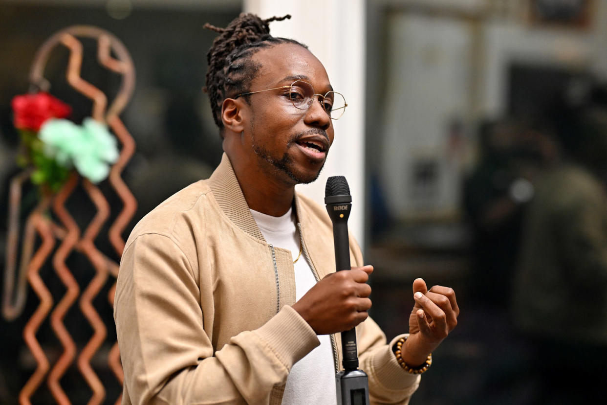 Maurice Mitchell, national director of the Working Families Party, speaks at an event in Atlanta on Sept. 4, 2024. (Derek White / Getty Images)