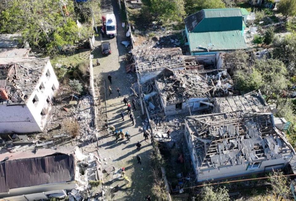 An aerial view of homes, bombed by Russia, in the Dnipropetrovsk region of Ukraine in October 2023, in this image used for illustration purposes.